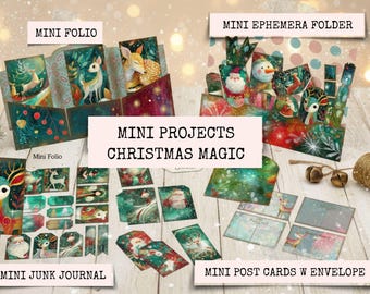 4 Mini Projects Bundle, Mini Junk Journal, Mini Folio, Mini Ephemera Folder & Mini Postcards and envelope. Printable Download. Mini Projects