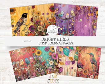 Colorful Birds Junk Journal Pages: Vibrant Floral Ephemera (PDF Printable Set)