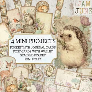 Puede incluir: Una colección de manualidades en papel de estilo vintage con ilustraciones de animales del bosque, como un erizo, una ardilla y un zorro. La imagen incluye tarjetas de diario, postales y un mini folio. El texto de la imagen dice "4 MINI PROJECTS" y "JAM JUNK".