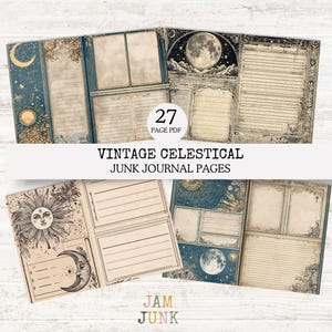 Pode incluir: Uma coleção de páginas de diário de lixo celestial vintage. As páginas apresentam ilustrações do sol, da lua e das estrelas, com uma paleta de cores azul, bege e dourado. O texto "Vintage Celestial Junk Journal Pages" é exibido.