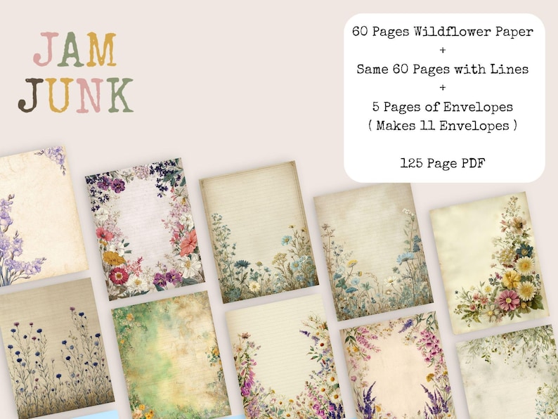 May include: A collection of floral-themed stationery items. The image shows pages with wildflower designs, lined pages, and envelopes. The text on the image reads "JAM JUNK" and details about the contents, including 125-page PDF.