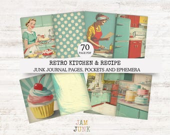 Retro Kitchen Recipe Junk Journal Kit, 70 Page PDF, Recipe Cards, Shopping Lists, Menus, Folding Pages, DIY Recipe Book Download