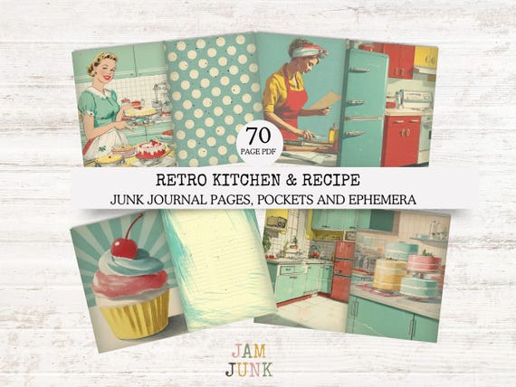 Retro Kitchen Recipe Junk Journal Kit, 70 Page PDF, Recipe Cards, Shopping Lists, Menus, Folding Pages, DIY Recipe Book Download