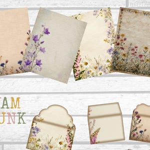 May include: A collection of stationery items featuring floral designs. The set includes several rectangular papers and envelopes, each adorned with watercolor illustrations of wildflowers in shades of purple, pink, yellow, and green. The papers have a vintage, aged appearance.