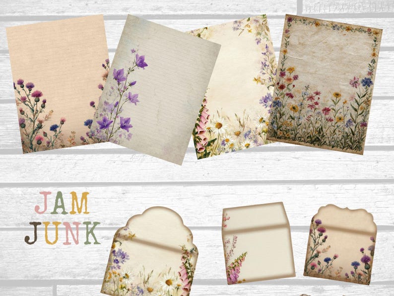 May include: A collection of stationery items featuring floral designs. The set includes several rectangular papers and envelopes, each adorned with watercolor illustrations of wildflowers in shades of purple, pink, yellow, and green. The papers have a vintage, aged appearance.