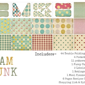 May include: A collection of scrapbook paper and ephemera with various patterns, including polka dots, gingham, and cherries. The image includes the text "JAM JUNK" and a list of included items such as pages, labels, and recipe cards.