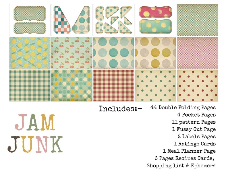 May include: A collection of scrapbook paper and ephemera with various patterns, including polka dots, gingham, and cherries. The image includes the text "JAM JUNK" and a list of included items such as pages, labels, and recipe cards.