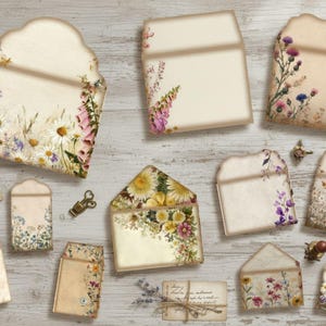 May include: A collection of vintage-style paper envelopes and cards, adorned with floral illustrations. The envelopes feature various shapes and sizes, with designs including daisies, foxgloves, and wildflowers. The color palette includes cream, beige, and pastel hues.