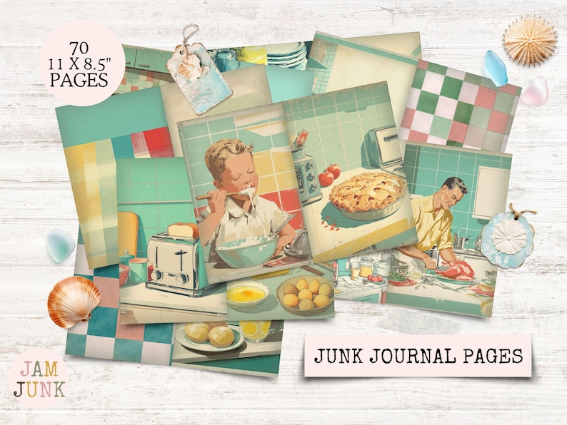 May include: A collection of vintage-style junk journal pages. The pages feature retro kitchen scenes with illustrations of a pie, a toaster, and a person cooking. The pages are 11 x 8.5 inches and the text reads "70 PAGES" and "JUNK JOURNAL PAGES".