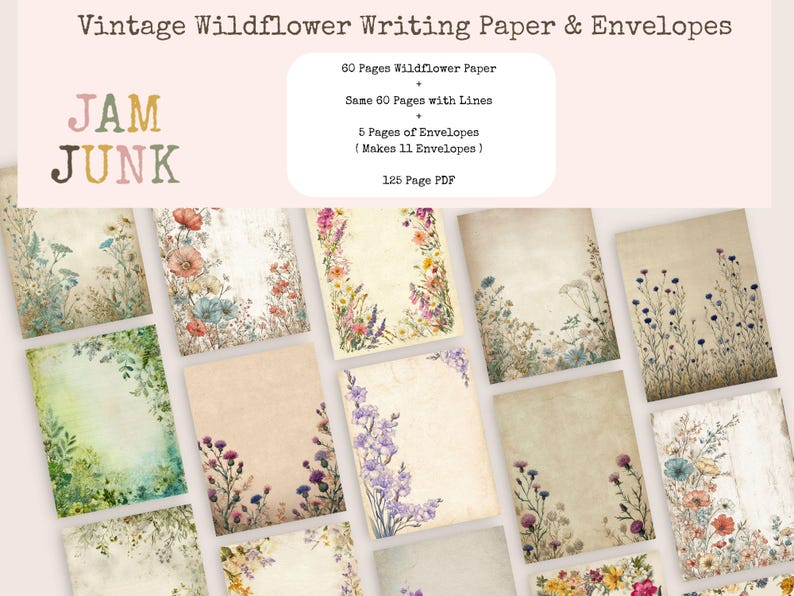 May include: Vintage wildflower writing paper and envelopes. The image shows various pages with floral designs in soft colors. Text on the image reads: 60 pages of wildflower paper, 5 pages of envelopes, and a 125-page PDF.