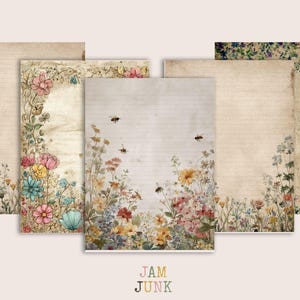 May include: A collection of vintage-style stationery sheets with floral and bee illustrations. The sheets feature lined paper with a distressed, aged appearance. The floral designs include pink, blue, yellow, and other colorful flowers. The text "JAM JUNK" is at the bottom.