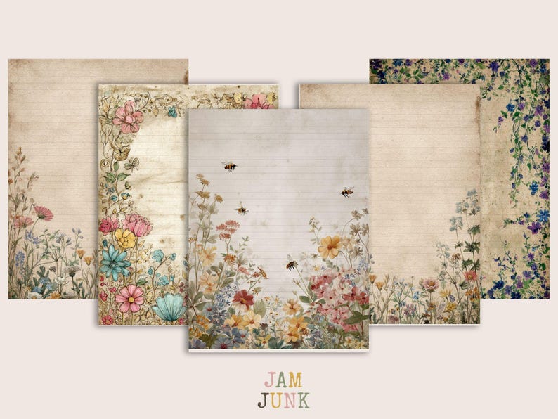May include: A collection of vintage-style stationery sheets with floral and bee illustrations. The sheets feature lined paper with a distressed, aged appearance. The floral designs include pink, blue, yellow, and other colorful flowers. The text "JAM JUNK" is at the bottom.