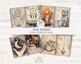 Palm Reading Fortune Teller Junk Journal Pages,  30 Page PDF for Digital Download. Includes Journal Pages with lines and matching patterns