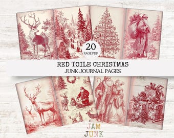 Christmas Toile Junk Journal Pages - 20 Red & Cream Pages to Download as PDF. Christmas Toile