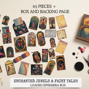 May include: A collection of 65 pieces of ephemera with a fairy tale theme, including tags, cards, and a decorative box. The items feature illustrations of animals, flowers, and fantasy scenes. The text on the box reads "ENCHANTED JEWELS & FAIRY TALES LOADED EPHEMERA BOX."