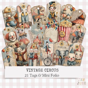 May include: A collection of vintage circus-themed tags and a mini folio. The tags feature illustrations of clowns, elephants, circus performers, and a popcorn container. The text "VINTAGE CIRCUS" and "21 Tags & Mini Folio" are displayed on a white banner.