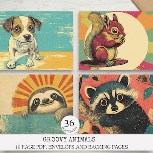 Puede incluir: Juego de cuatro postales de estilo vintage con ilustraciones de animales. Incluye un cachorro, una ardilla, un perezoso y un mapache. Las postales tienen una paleta de colores retro y el texto "GROOVY ANIMALS" en la parte inferior.