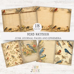 Bird Watching Junk Journal Kit, 18 Page PDF, Printable Lined Writing Pages and Ephemera.
