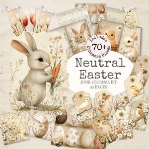 Op de afbeelding: Een digitale junk journal kit met een neutraal Paas thema. De afbeelding toont een konijn met wortels, samen met labels, eieren en andere ephemera. De kit bevat meer dan 70 onderdelen en 45 pagina's.