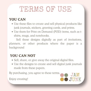 May include: A white card with rounded corners displays the text "TERMS OF USE" in a light brown color. The text details the permitted and prohibited uses of digital files, including creating physical products and POD items. The card includes the logo "JAM JUNK".
