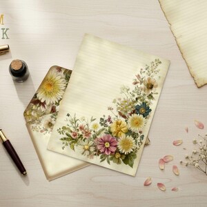 May include: Stationery set featuring a floral design with a cream-colored lined paper, envelope, and additional paper. A pen, ink bottle, and a gold pen are also present. The words "JAM JUNK" are at the top left.