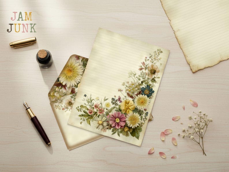 May include: Stationery set featuring a floral design with a cream-colored lined paper, envelope, and additional paper. A pen, ink bottle, and a gold pen are also present. The words "JAM JUNK" are at the top left.