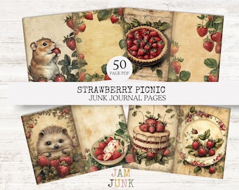 Strawberry Picnic Junk Journal Kit: Vintage Ephemera, Scrapbook Pages (Digital Download