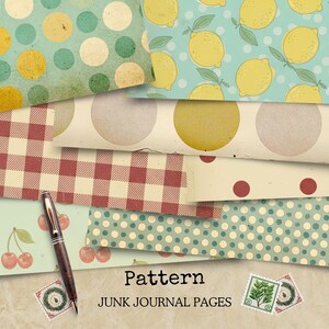 May include: A collection of patterned junk journal pages with various designs, including polka dots, lemons, cherries, and gingham. The pages are in shades of green, red, yellow, and cream, with the text "Pattern" and "Junk Journal Pages".