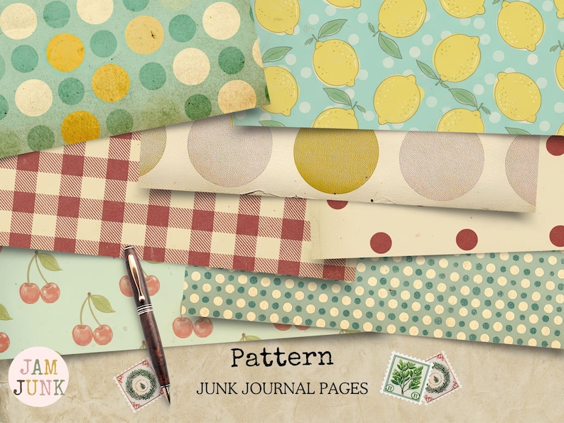 May include: A collection of patterned junk journal pages with various designs, including polka dots, lemons, cherries, and gingham. The pages are in shades of green, red, yellow, and cream, with the text "Pattern" and "Junk Journal Pages".