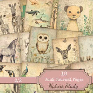 Pages de journal indésirable animaux shabby Chic, papier imprimable Nature Woodland, 10 pages de journal pliées, feuilles de journal indésirable animaux océaniques vintage