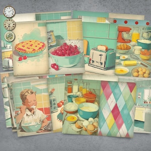 May include: A collection of vintage-style kitchen illustrations. The images depict various kitchen scenes with a pie, cherries, a toaster, and a child eating. The color palette includes teal, red, yellow, and white.