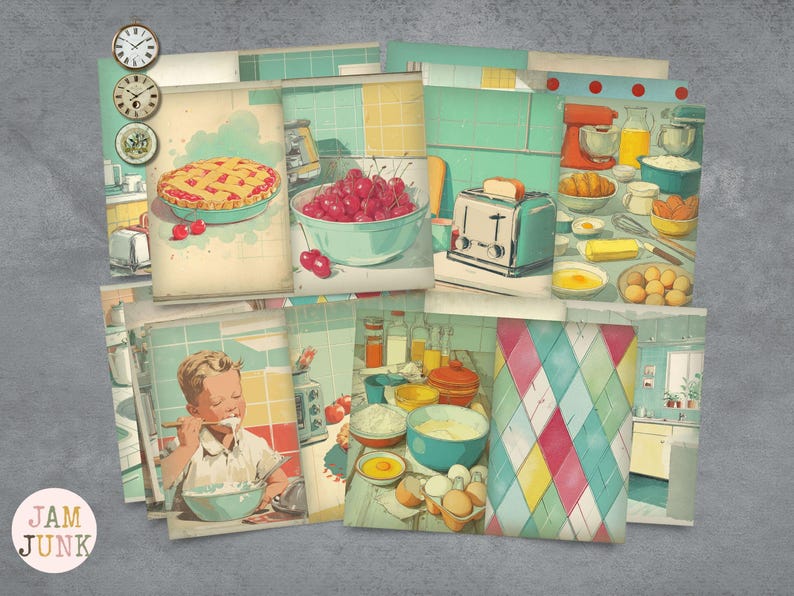 May include: A collection of vintage-style kitchen illustrations. The images depict various kitchen scenes with a pie, cherries, a toaster, and a child eating. The color palette includes teal, red, yellow, and white.