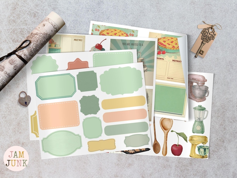 May include: A collection of vintage-style kitchen-themed ephemera, including labels, recipe cards, and illustrations of kitchen tools. The color palette features soft greens, peaches, and yellows, with a scroll and key adding to the antique aesthetic.