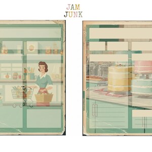 May include: Vintage-style illustration featuring a retro diner scene. A woman in a teal dress pushes a shopping cart. The image includes a display of cakes in pastel colors, and shelves stocked with groceries.