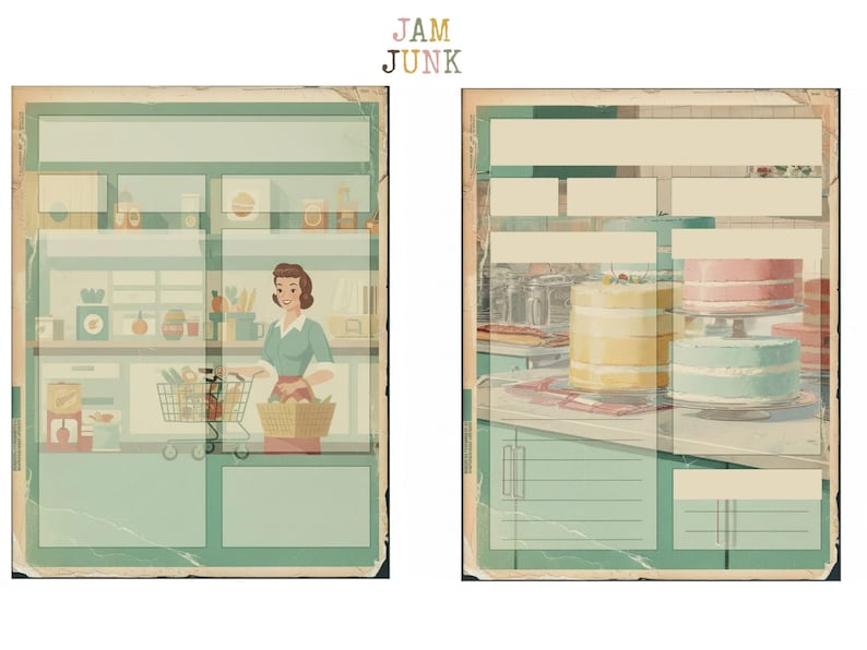 May include: Vintage-style illustration featuring a retro diner scene. A woman in a teal dress pushes a shopping cart. The image includes a display of cakes in pastel colors, and shelves stocked with groceries.