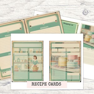 May include: Vintage-style recipe cards with a retro aesthetic. The cards feature a teal and cream color scheme with illustrations of a kitchen scene and cakes. The words "Recipe Cards" are printed on the bottom of the image. The cards are designed for recording recipes.