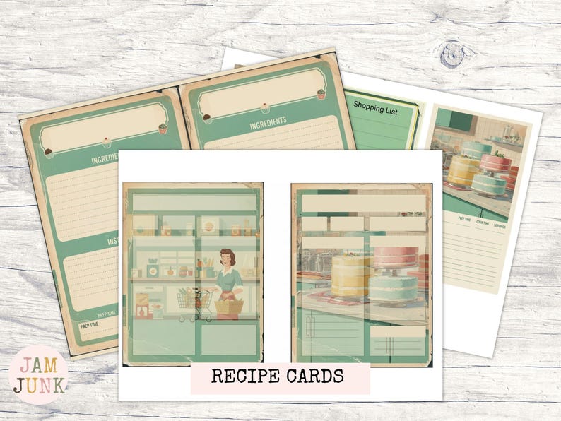 May include: Vintage-style recipe cards with a retro aesthetic. The cards feature a teal and cream color scheme with illustrations of a kitchen scene and cakes. The words "Recipe Cards" are printed on the bottom of the image. The cards are designed for recording recipes.