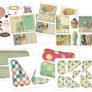 May include: A collection of vintage-style paper ephemera featuring baking and kitchen themes. Includes illustrations of pies, cupcakes, a woman with baked goods, and a shopping list. Various shapes and sizes with polka dots and checkered patterns.