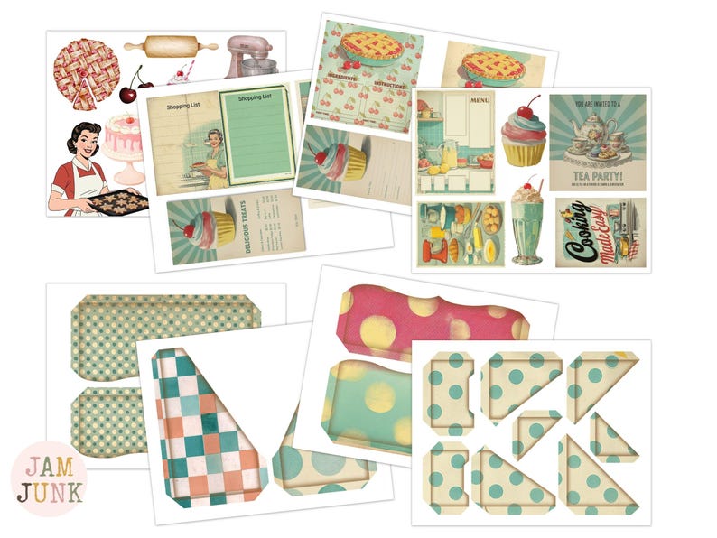 May include: A collection of vintage-style paper ephemera featuring baking and kitchen themes. Includes illustrations of pies, cupcakes, a woman with baked goods, and a shopping list. Various shapes and sizes with polka dots and checkered patterns.