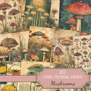 Mushrooms junk journal Paper, 20 printable pages, vintage mushroom ephemera, journaling papers, digital download, foldable pages,