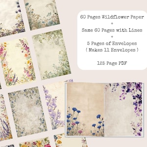 May include: A collection of stationery with floral designs. The image shows pages with wildflower borders in shades of pink, purple, and yellow. The text indicates 60 pages of wildflower paper, 60 pages with lines, and 5 envelope pages.