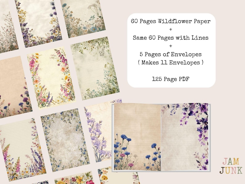 May include: A collection of stationery with floral designs. The image shows pages with wildflower borders in shades of pink, purple, and yellow. The text indicates 60 pages of wildflower paper, 60 pages with lines, and 5 envelope pages.