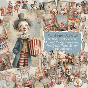 Puede incluir: Un collage de efímeras con temática de circo vintage. La imagen presenta un payaso sosteniendo palomitas de maíz, rodeado de tarjetas de diario, postales, etiquetas y otros elementos de papel. El texto "Vintage Circus" es visible.