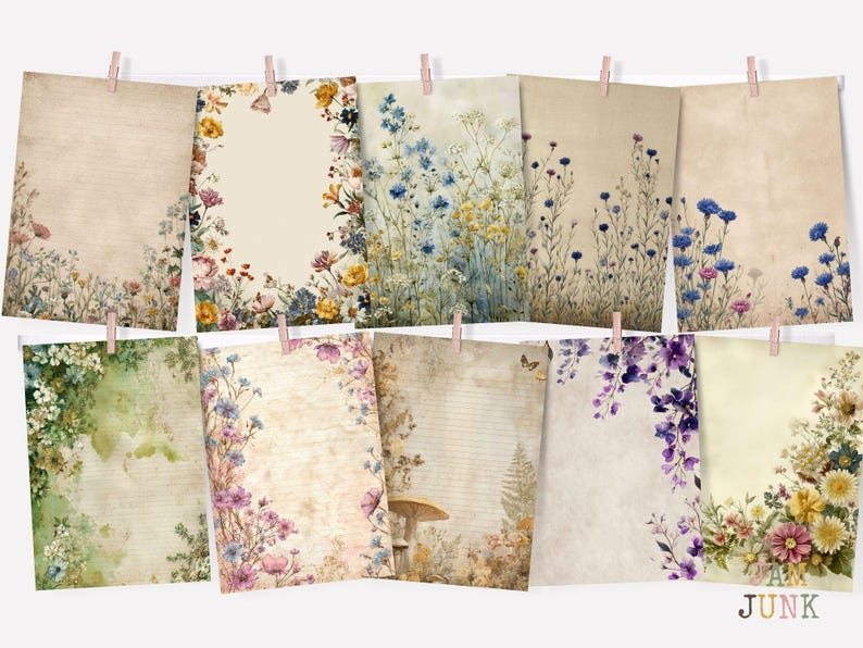 May include: A collection of ten vintage-style paper prints, each adorned with floral and botanical illustrations. The prints are in various shades of beige and cream, with colorful flowers and greenery. The prints are hung with pink clothespins.