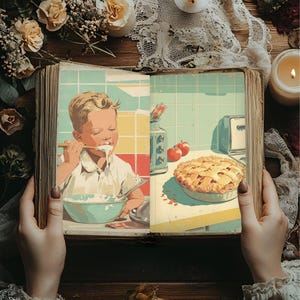 May include: An open vintage book displays a retro illustration of a child eating from a bowl and a pie. The book is held by hands, surrounded by flowers, candles, and lace.