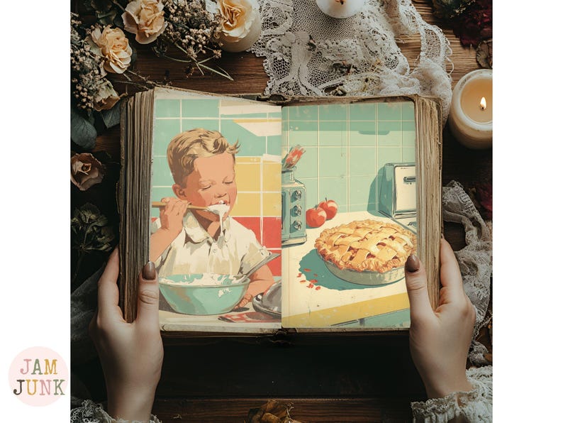 May include: An open vintage book displays a retro illustration of a child eating from a bowl and a pie. The book is held by hands, surrounded by flowers, candles, and lace.