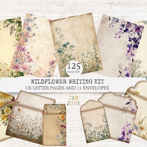 Puede incluir: Un kit de escritura Wildflower con páginas y sobres de tamaño carta estadounidense. La papelería tiene una estética vintage con diseños florales en tonos rosa, morado, amarillo y azul. El kit incluye 125 páginas y 11 sobres.