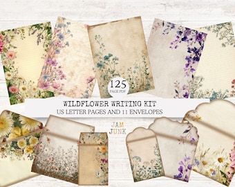 Puede incluir: Un kit de escritura Wildflower con páginas y sobres de tamaño carta estadounidense. La papelería tiene una estética vintage con diseños florales en tonos rosa, morado, amarillo y azul. El kit incluye 125 páginas y 11 sobres.