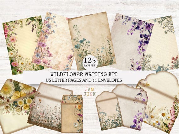 Wildflower Letter Writing Kit| Ruled Lines and Blank | 125-Page Printable Stationery Set with Envelopes | Junk Journal Digital Download