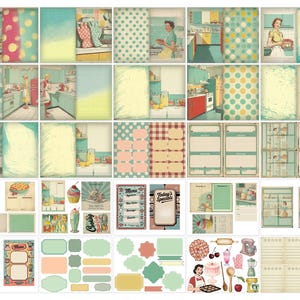 May include: A collection of vintage-style kitchen-themed digital papers and illustrations. The images feature retro kitchen scenes, polka dots, cupcakes, menus, and cooking-related elements in a pastel color palette. Ideal for scrapbooking and crafting projects.